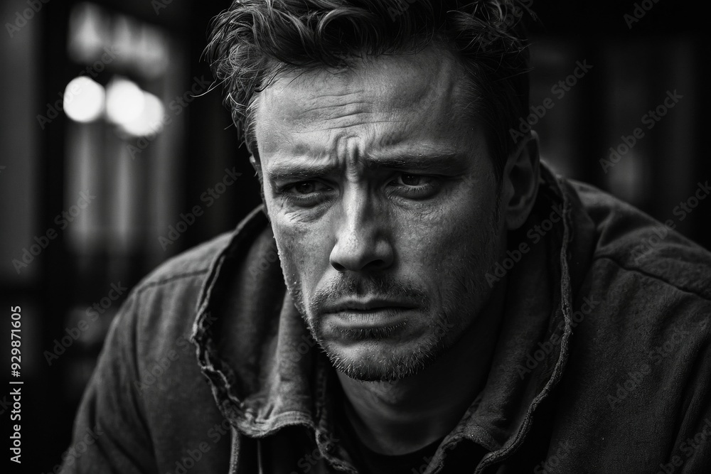 Black and white close-up portrait of pensive man Black and white close-up portrait of pensive man