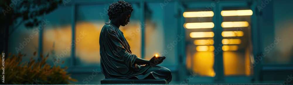 A bronze statue peacefully sits with a glowing light in its hand, surrounded by soft evening hues
