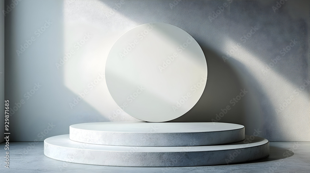 Minimalist display with a circular object on a tiered platform. Minimalist display with a circular object on a tiered platform.