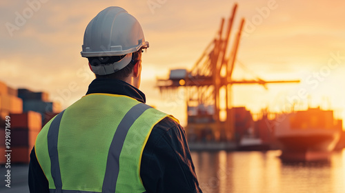 A port worker, seen from behind, wearing a safety vest and protective helmet, gazes into the harbor basin filled with containers, bathed in the warm glow of evening light, photo