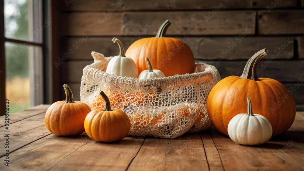 Mini pumpkins in a mesh bag on a wooden background. Colorful autumn composition for Thanksgiving or Halloween Mini pumpkins in a mesh bag on a wooden background. Colorful autumn composition for Thanksgiving or Halloween