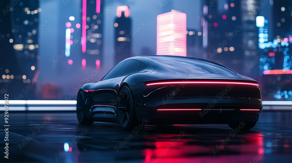 Fototapeta premium A sleek, modern electric car parked in front of a futuristic cityscape at night, illuminated by neon lights reflecting off its surface, photo