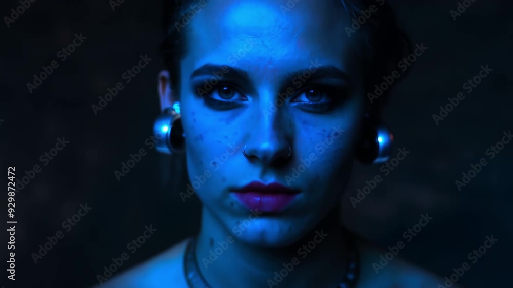 Portrait of informal cool woman with tattoo piercing and short haircut closeup. Fashionable stylish girl looking at camera. Self-expression through appearance. Punk hipster style. Rapper face close up Portrait of informal cool woman with tattoo piercing and short haircut closeup. Fashionable stylish girl looking at camera. Self-expression through appearance. Punk hipster style. Rapper face close up