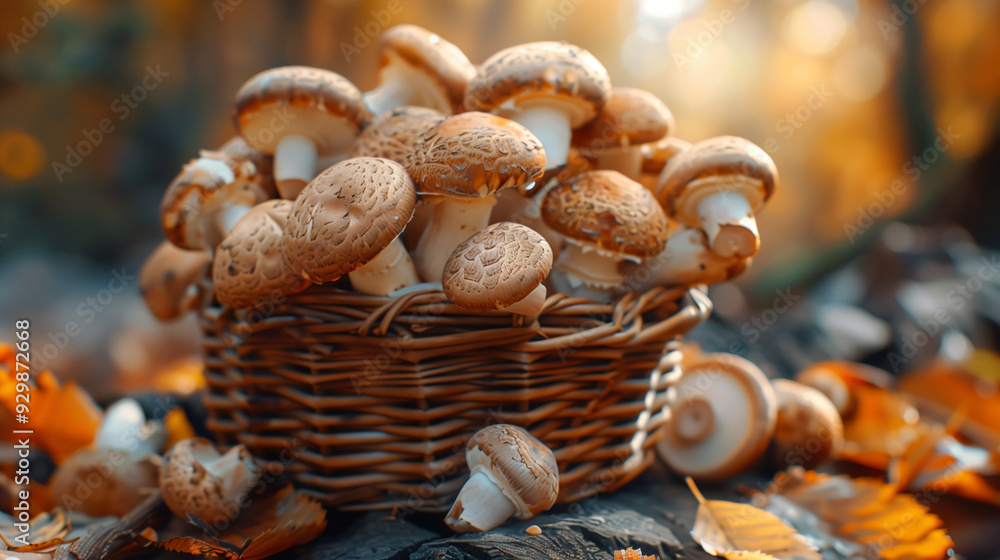 Freshly picked mushrooms overflowing from a rustic basket and sitting on a wooden table Freshly picked mushrooms overflowing from a rustic basket and sitting on a wooden table