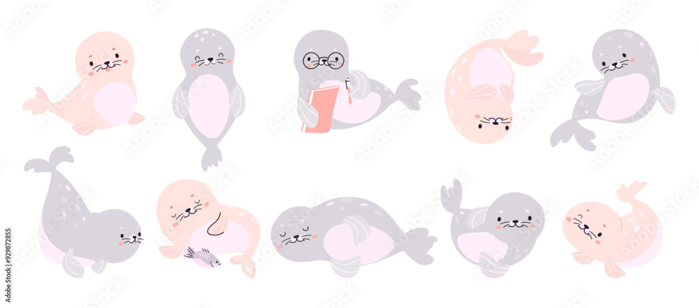 Funny polar seal. Baby arctic animal eat read play. Children mascots, underwater mammals funny characters. Sea ocean animals nowaday vector clipart Funny polar seal. Baby arctic animal eat read play. Children mascots, underwater mammals funny characters. Sea ocean animals nowaday vector clipart
