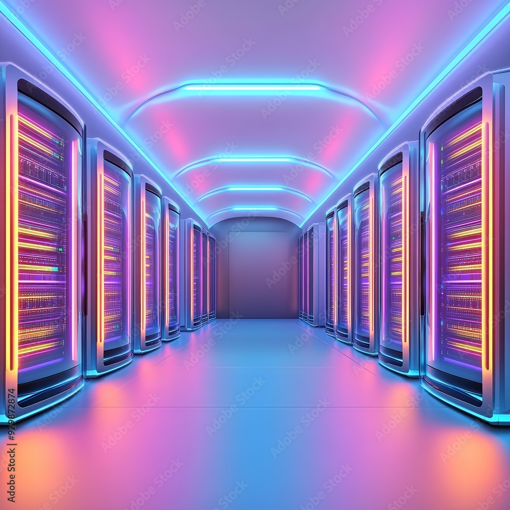 Fototapeta premium Futuristic server room with colorful neon lights illuminating rows of advanced data servers. High-tech and modern data center.