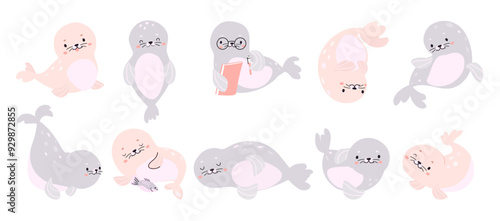 Funny polar seal. Baby arctic animal eat read play. Children mascots, underwater mammals funny characters. Sea ocean animals nowaday vector clipart