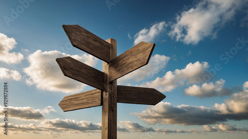Wooden signpost with multiple blank directional arrows against a blue sky with clouds in background.