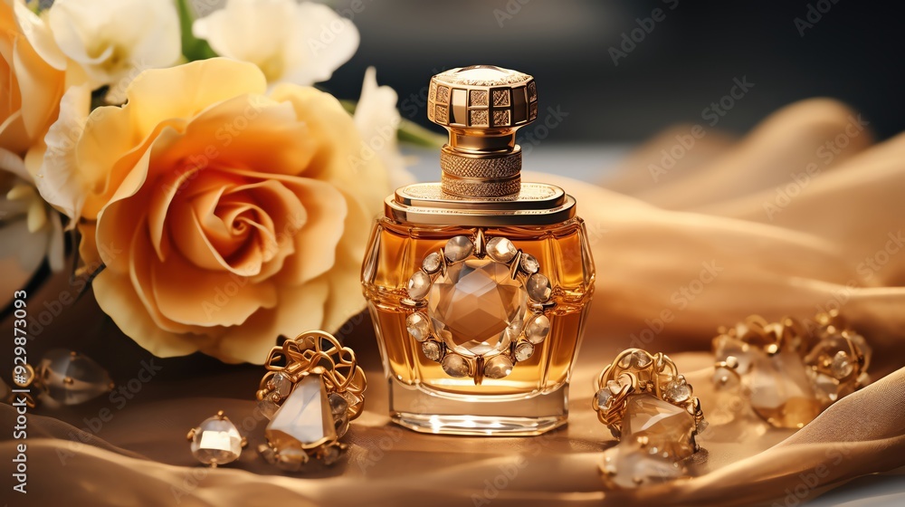 Elegant perfume bottle surrounded by roses and jewelry, creating a luxurious and romantic atmosphere. Elegant perfume bottle surrounded by roses and jewelry, creating a luxurious and romantic atmosphere.