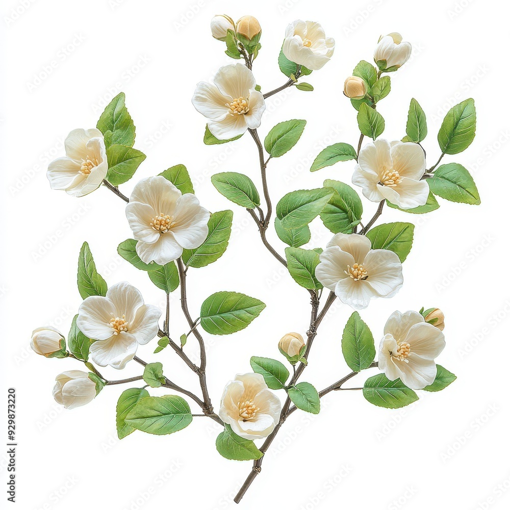 Obraz premium White Flower Branch with Green Leaves Isolated on White Background