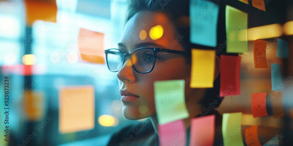 Woman examining sticky notes on wall Woman examining sticky notes on wall