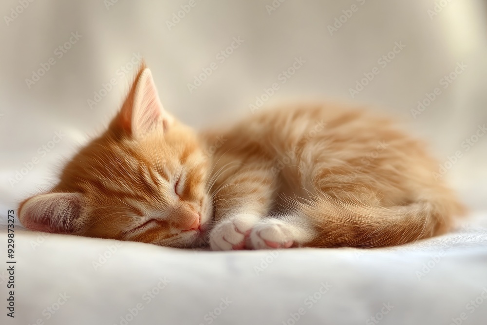 A cute orange kitten peacefully sleeping on a soft surface, capturing the essence of relaxation and tranquility. A cute orange kitten peacefully sleeping on a soft surface, capturing the essence of relaxation and tranquility.