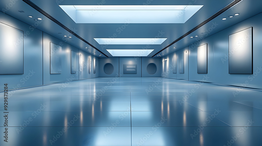 Modern art gallery with blue walls and illuminated spaces. Modern art gallery with blue walls and illuminated spaces.