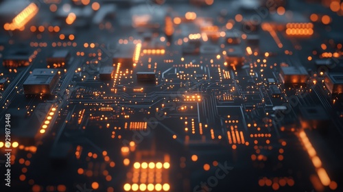 Abstract Circuit Board With Glowing Orange Lights