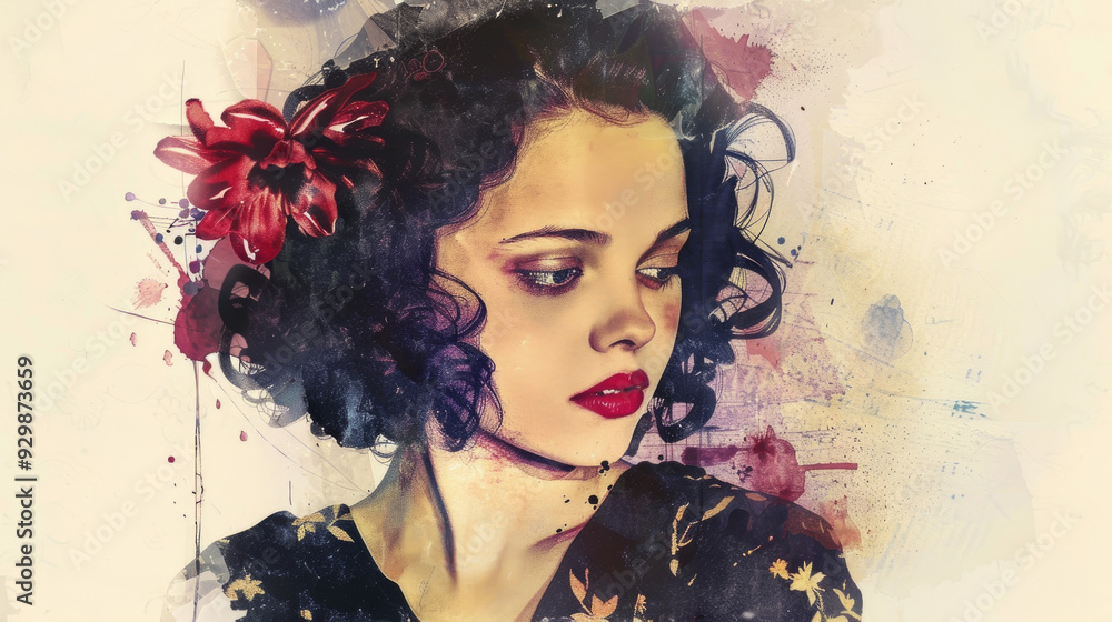Fototapeta premium A woman with dark, curly hair and a red flower in her hair looks pensively, dressed in a floral-patterned outfit