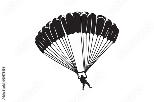 Skydiver flying with parachute silhouette vector art illustration.