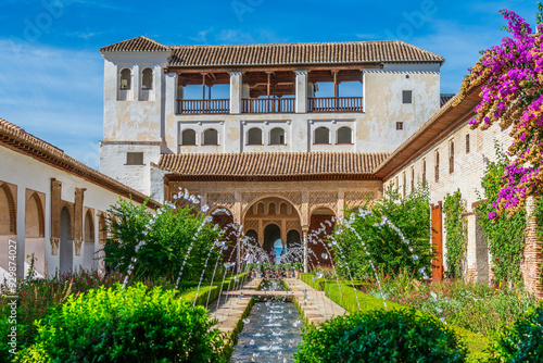Generalife Gardens with Fountain and Palace in Alhambra, Granada