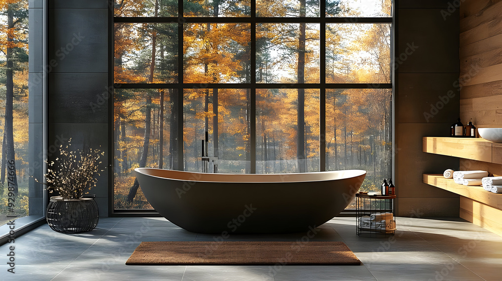 Modern bathroom with a freestanding tub and forest view. Modern bathroom with a freestanding tub and forest view.