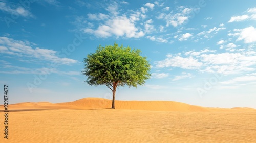 A beautiful image capturing a solitary tree standing amidst vast sand dunes, showcasing the stark contrast between life and the barren desert under a blue sky. 