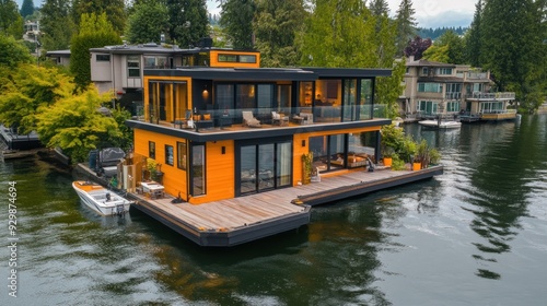 A modern two-story houseboat with a wooden deck and large windows, docked on a calm lake with lush green foliage in the background.