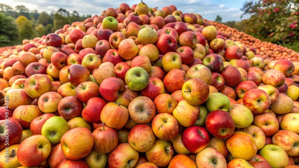 Heap of organic cider apples meticulously prepared for pressing, showcasing the essence of sustainable farming and artisanal cider production in a picturesque farm setting, ideal for promoting natural Heap of organic cider apples meticulously prepared for pressing, showcasing the essence of sustainable farming and artisanal cider production in a picturesque farm setting, ideal for promoting natural