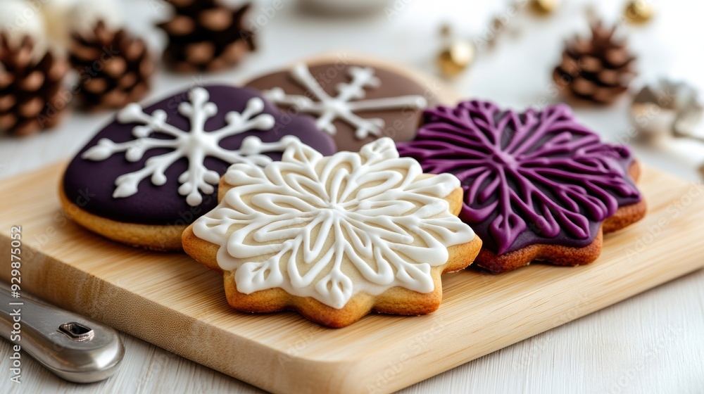 A close up of a wooden cutting board with decorated cookies, AI A close up of a wooden cutting board with decorated cookies, AI