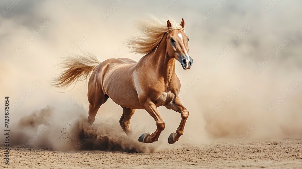 Horses with long mane portrait run gallop in desert dust. image of animal. copy space for text. Horses with long mane portrait run gallop in desert dust. image of animal. copy space for text.