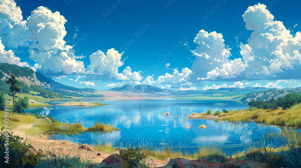 Tranquil Mountain Lake with Fluffy Clouds and a Blue Sky Tranquil Mountain Lake with Fluffy Clouds and a Blue Sky