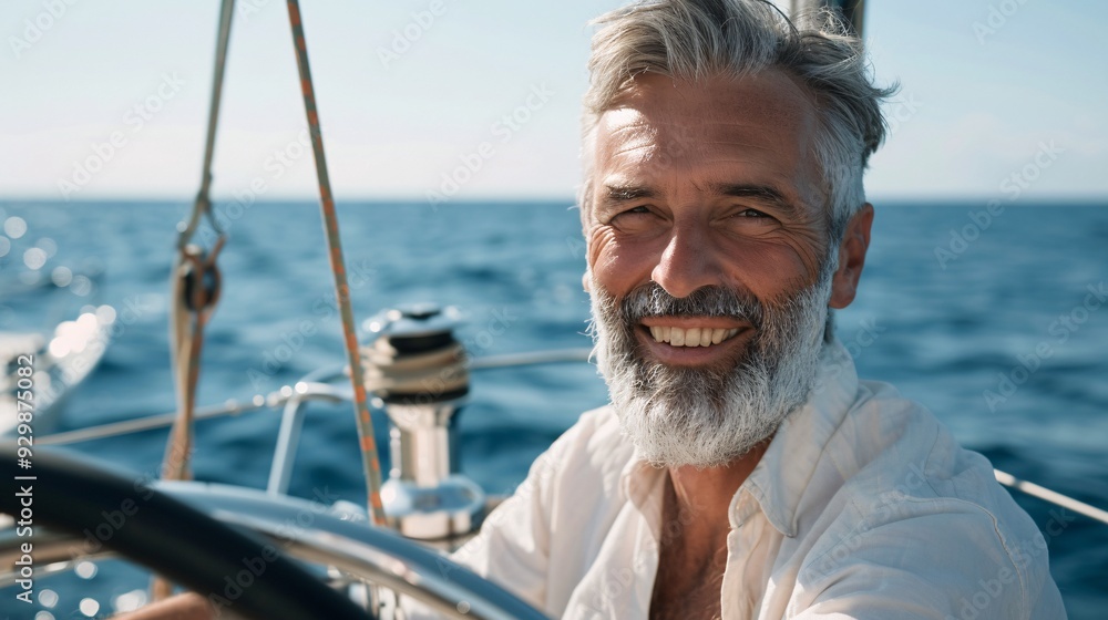 Fototapeta premium A smiling individual at the helm of a sailboat, enjoying the sunny day on the open sea