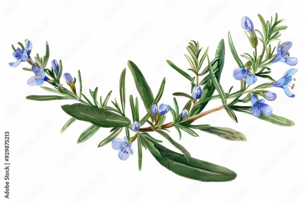 A botanical illustration of a rosemary plant, highlighting its needle-like leaves and small, blue flowers. A botanical illustration of a rosemary plant, highlighting its needle-like leaves and small, blue flowers.