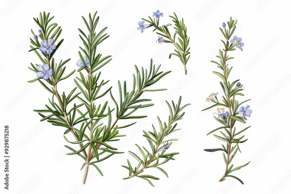 A botanical illustration of a rosemary plant, highlighting its needle-like leaves and small, blue flowers. A botanical illustration of a rosemary plant, highlighting its needle-like leaves and small, blue flowers.