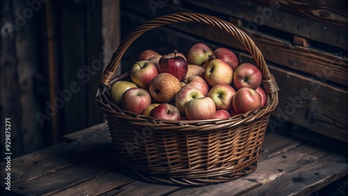 Wallpaper Mural Harvested cider apples thoughtfully arranged in a woven basket, depicting the essence of autumn bounty and countryside traditions, ideal for seasonal food and agricultural concept in natural, rustic a Torontodigital.ca