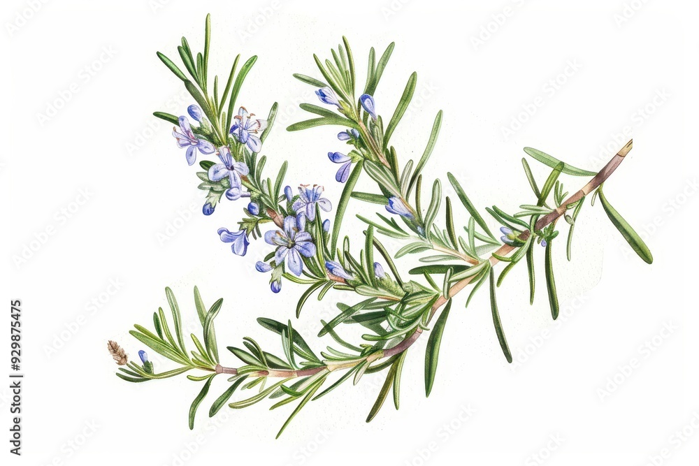 A botanical illustration of a rosemary plant, highlighting its needle-like leaves and small, blue flowers. A botanical illustration of a rosemary plant, highlighting its needle-like leaves and small, blue flowers.
