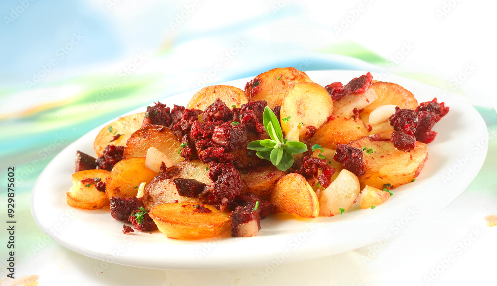 Blunzengröstel, Österreich, österische Küche, Kartoffeln, Tellergericht, Blunzengröstel, Österreich, österische Küche, Kartoffeln, Tellergericht,
