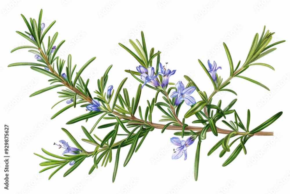 Obraz premium A botanical illustration of a rosemary plant, highlighting its needle-like leaves and small, blue flowers.
