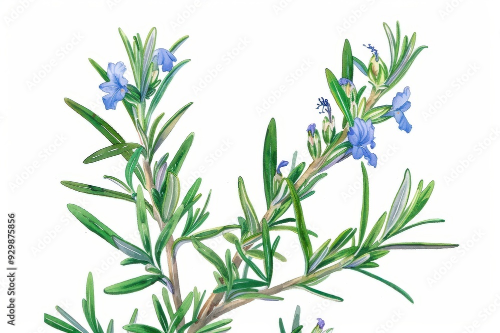 Fototapeta premium A botanical illustration of a rosemary plant, highlighting its needle-like leaves and small, blue flowers.