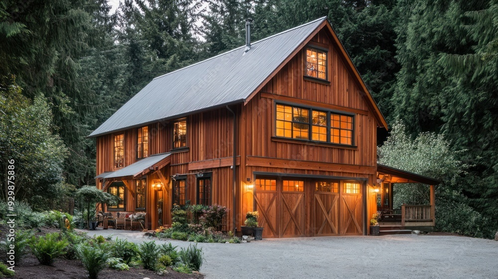 Fototapeta premium A wooden cabin with a metal roof, lit up in the evening surrounded by lush trees.