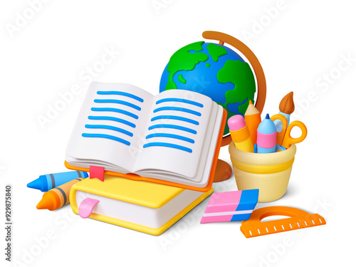 Education 3d concept. Open book, glass with stationery and globe. Realistic school tools icons, college lesson. Educational pithy vector scene