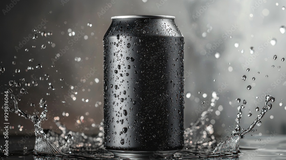 Blank black aluminum 330 ml soda can with drops splash mockup Blank black aluminum 330 ml soda can with drops splash mockup