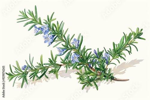 A botanical illustration of a rosemary plant, highlighting its needle-like leaves and small, blue flowers.