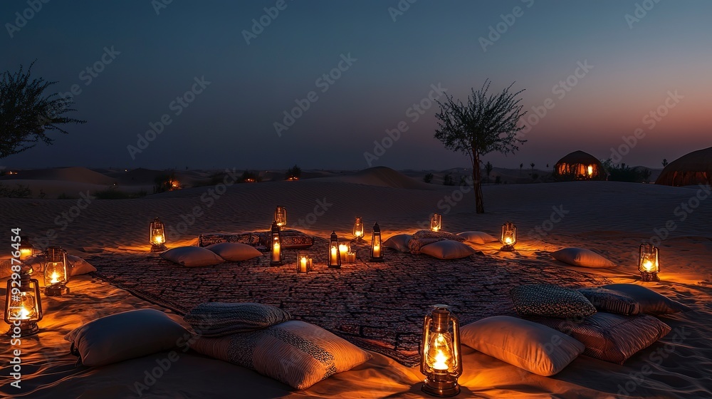 Obraz premium Lanterns and cushions arranged in a desert at night