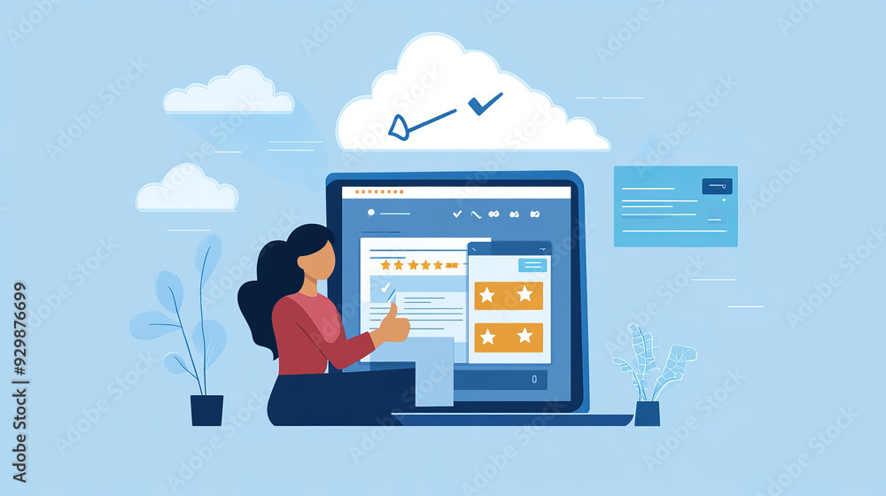 A woman working on her laptop with a thumbs up in a cloud. There is a website in the background with a completed checklist. The checklist is completed correctly and has 5 stars. A woman working on her laptop with a thumbs up in a cloud. There is a website in the background with a completed checklist. The checklist is completed correctly and has 5 stars.
