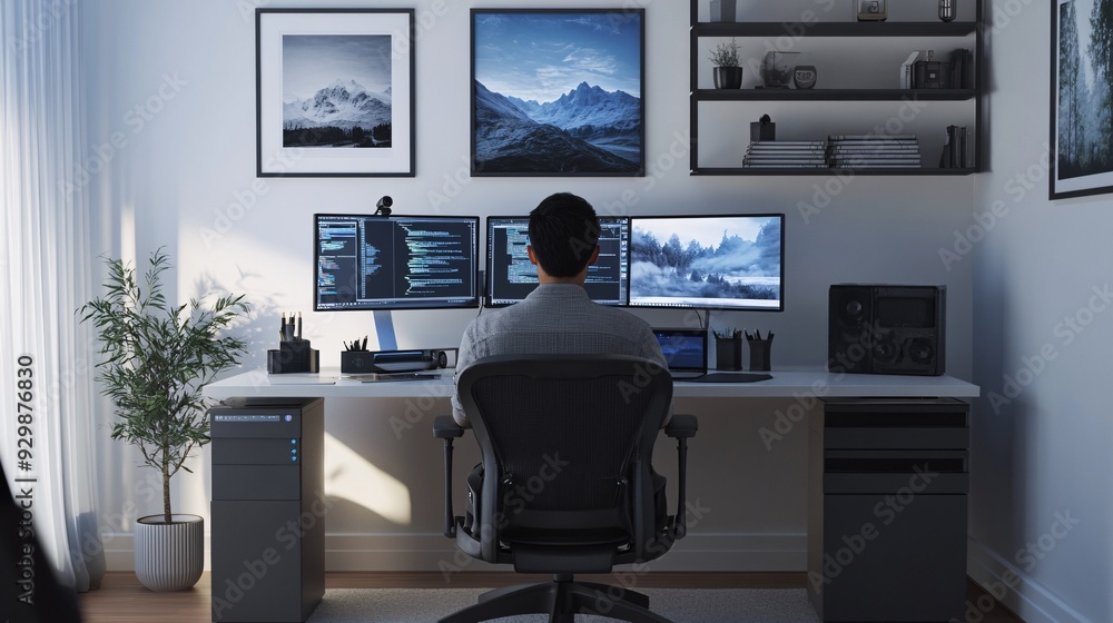 A modern home office setup with a sleek desk, ergonomic chair, and dual