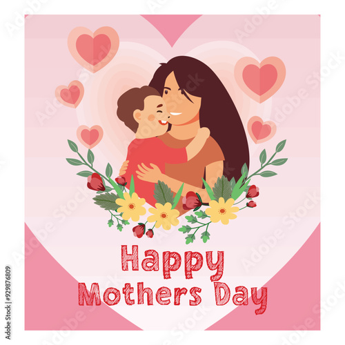 Mother hugs her son. Mother's day with floral decoration. Flat vector illustration.