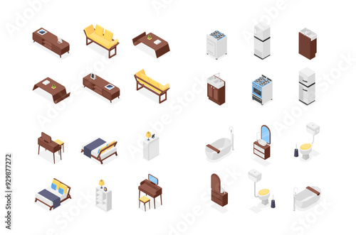 Isometric house apartment 3d furniture. Kitchen bathroom living room and bed room interior elements. Sofa bed fridge table bath, flawless vector set