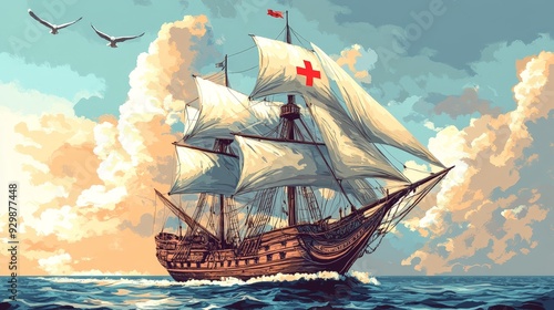 Old Sailing Ship on Turquoise Sea with White Sails
