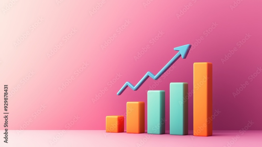 Colorful bar graph with an upward trend on a pink background, concepts of growth and success in business. Colorful bar graph with an upward trend on a pink background, concepts of growth and success in business.