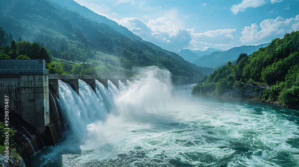 Hydroelectric dam with mountains and river Hydroelectric dam with mountains and river