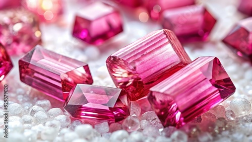 Vibrant pink tourmaline gemstones sparkle against a soft, white background, their intricate crystal structures and delicate facets capturing the gentle play of light. photo