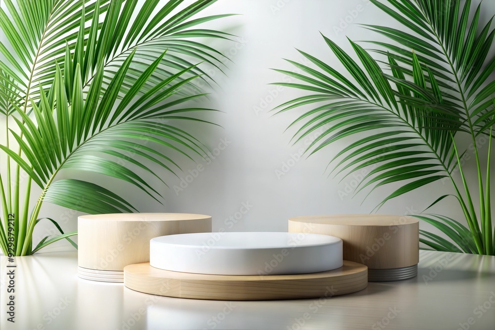 Fototapeta premium Minimalist Product Display: A circular wooden podium, nestled amongst lush palm plants, presents a pristine white circle for showcasing your product in a modern, natural setting. Perfect for highligh